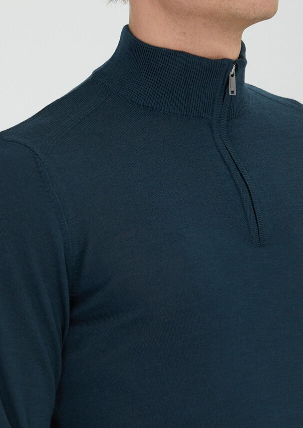 Petrol Yarım Balıkçı Yaka Düz Örgü Yün Karışımlı Triko Kazak - 4