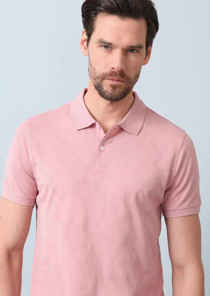 Pink Jacquard Polo Neck 100% Cotton T-Shirt - 1