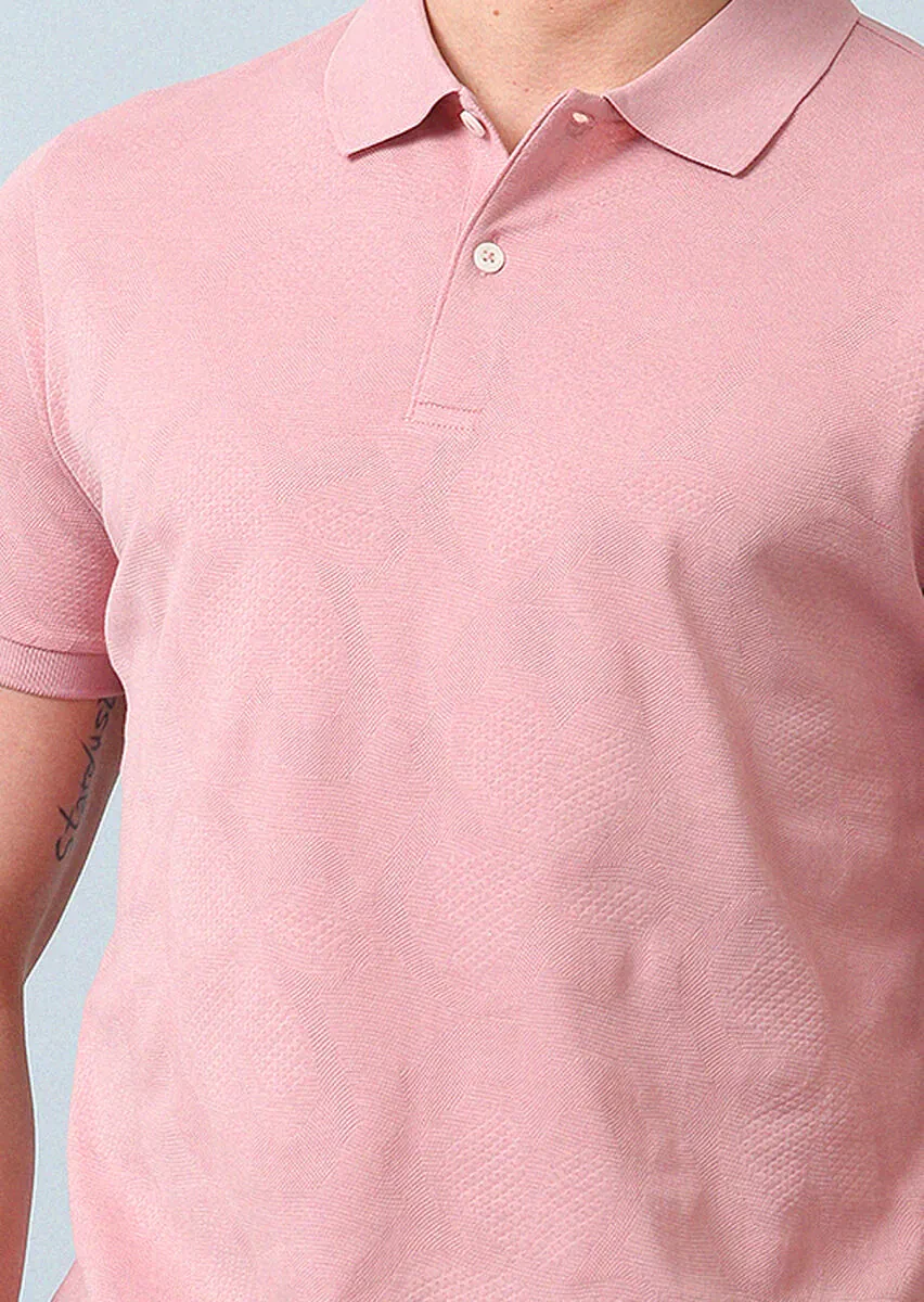 Pink Jacquard Polo Neck 100% Cotton T-Shirt - 3