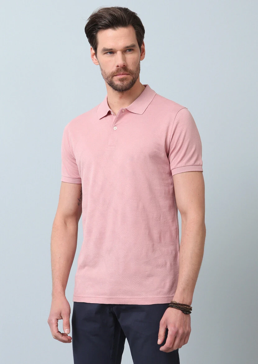 Pink Jacquard Polo Neck 100% Cotton T-Shirt - 4