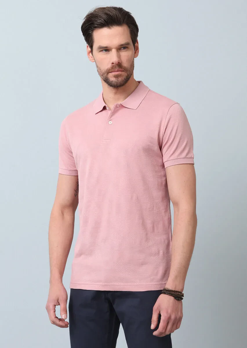 Pink Jacquard Polo Neck 100% Cotton T-Shirt - 4
