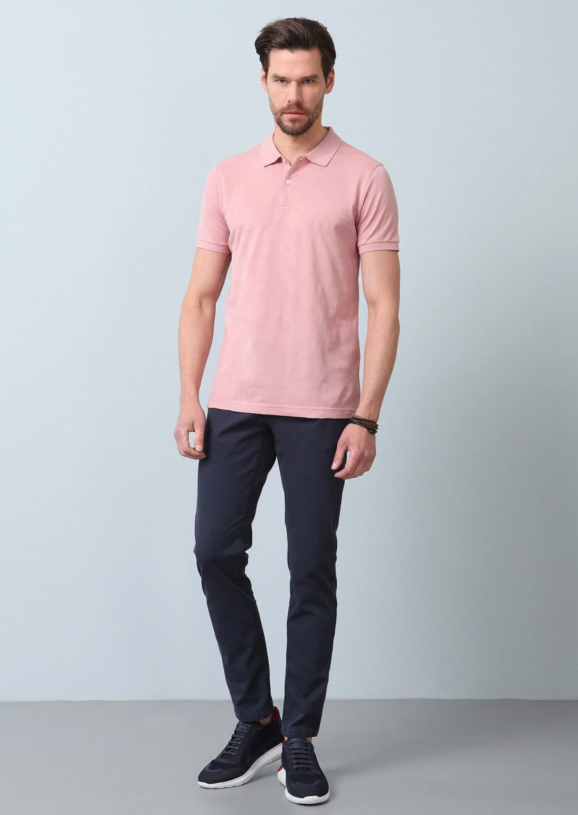 Pink Jacquard Polo Neck 100% Cotton T-Shirt - 5
