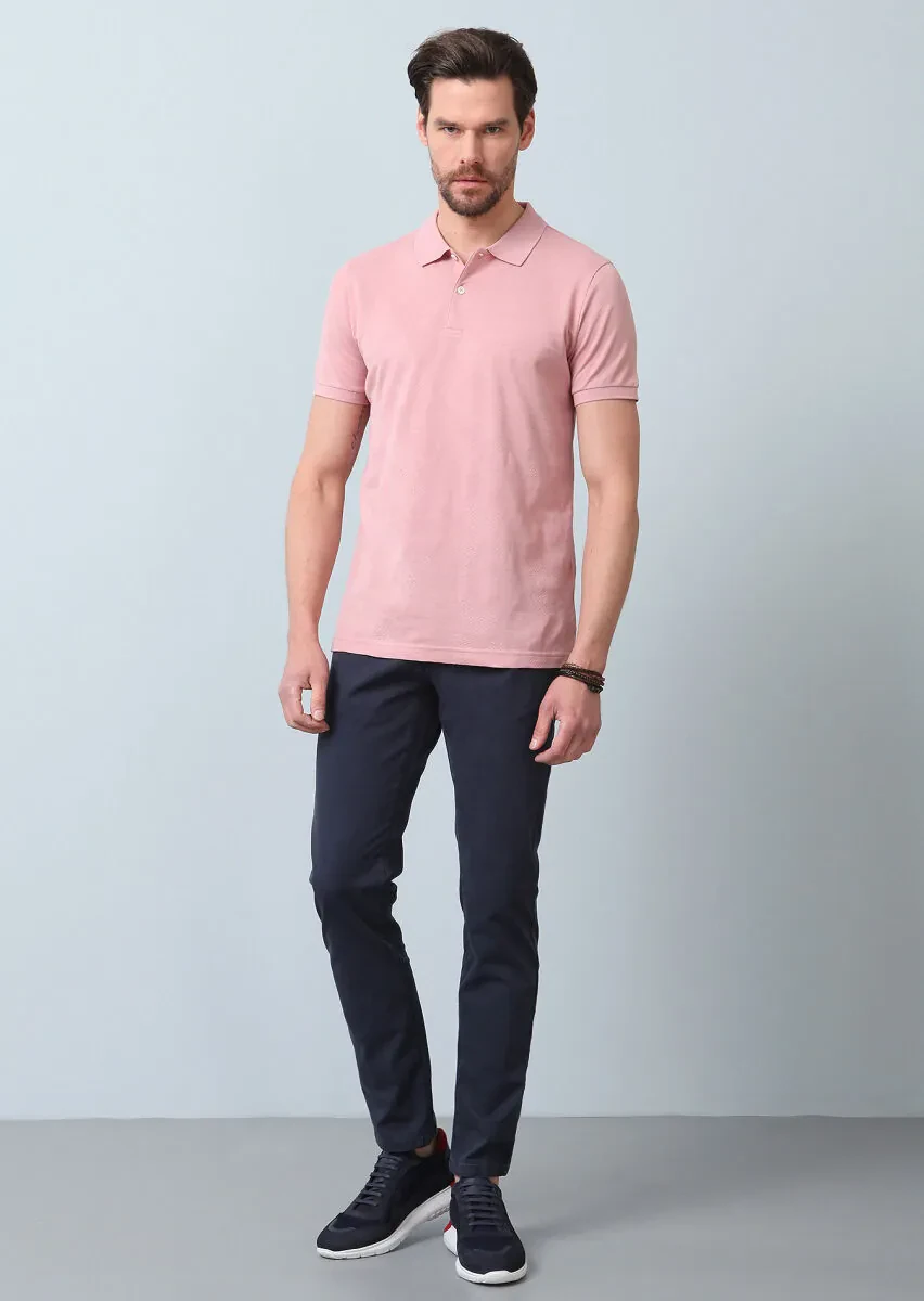 Pink Jacquard Polo Neck 100% Cotton T-Shirt - 5