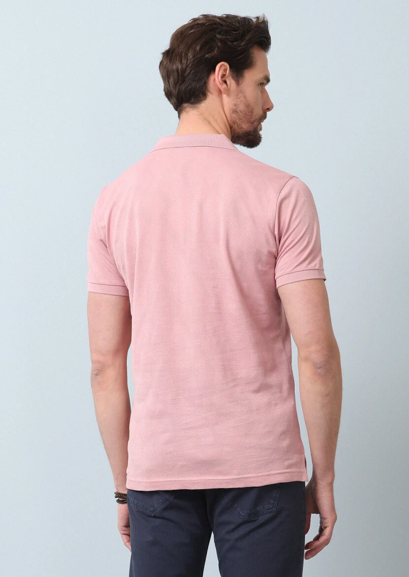 Pink Jacquard Polo Neck 100% Cotton T-Shirt - 6