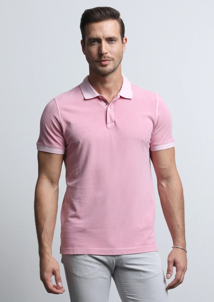 Pink Jacquard Polo Neck 100% Cotton T-Shirt - 3