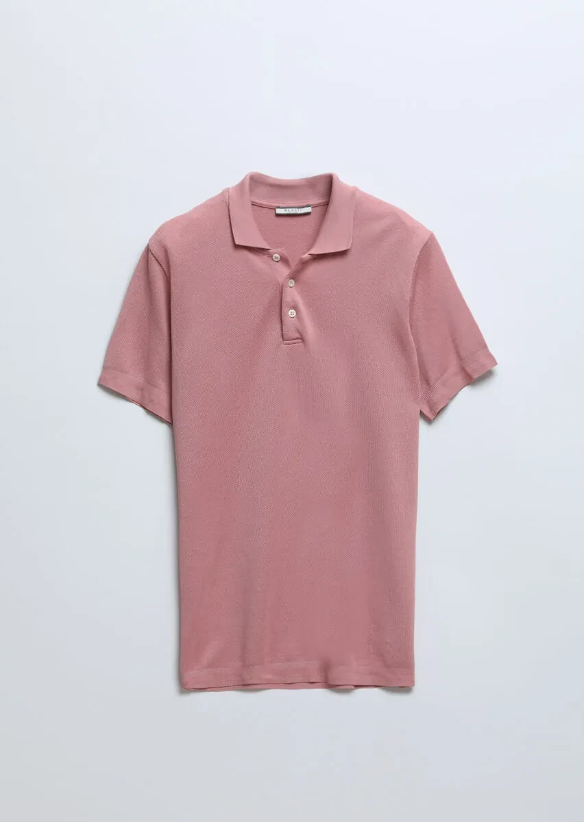 Pink Jacquard Polo Neck 100% Cotton T-Shirt - 9