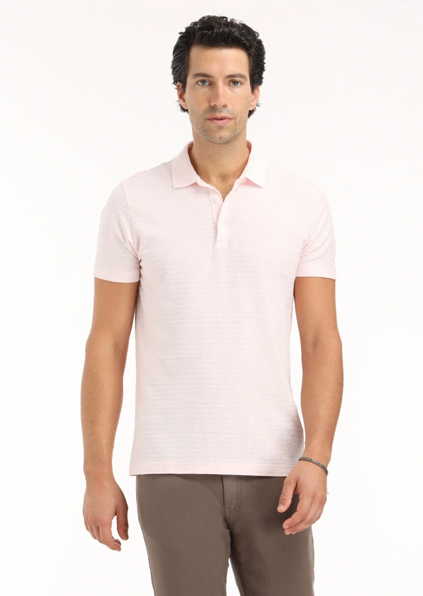 Pink Jacquard Polo Neck Cotton Blended T-Shirt - RAMSEY