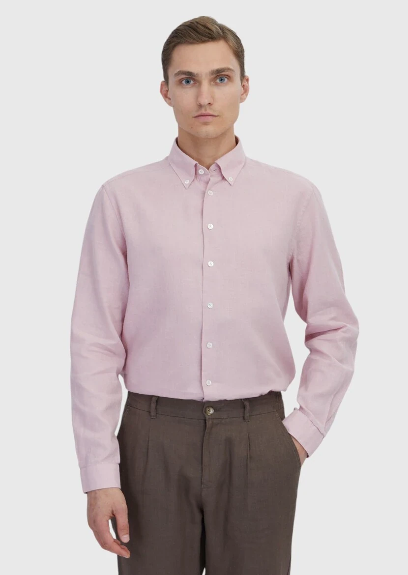 Pink Plain Casual Fit Weaving Casual Cotton Blended Shirt - RAMSEY