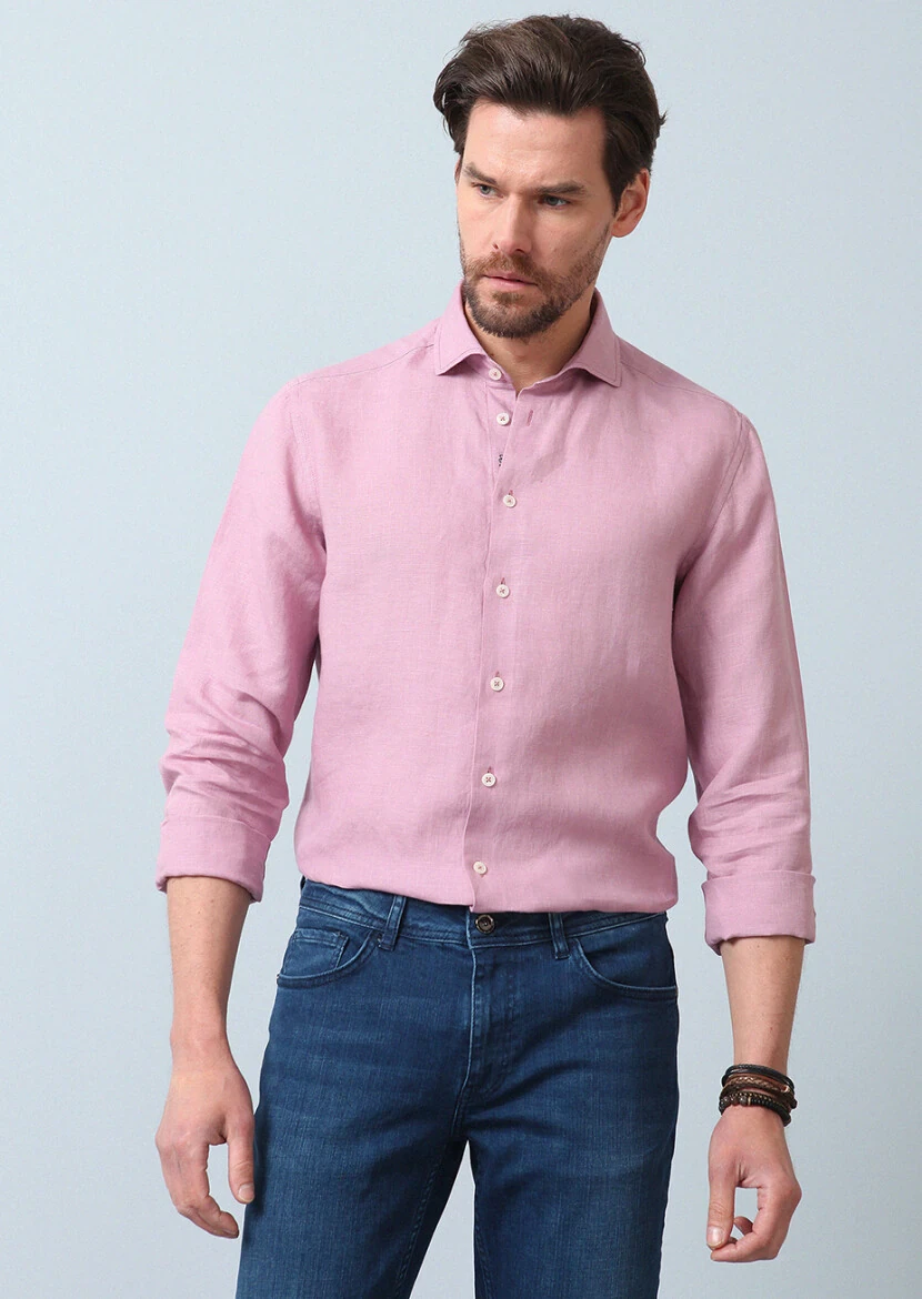 Pink Plain Regular Fit Weaving Casual 100% Linen Shirt - 3