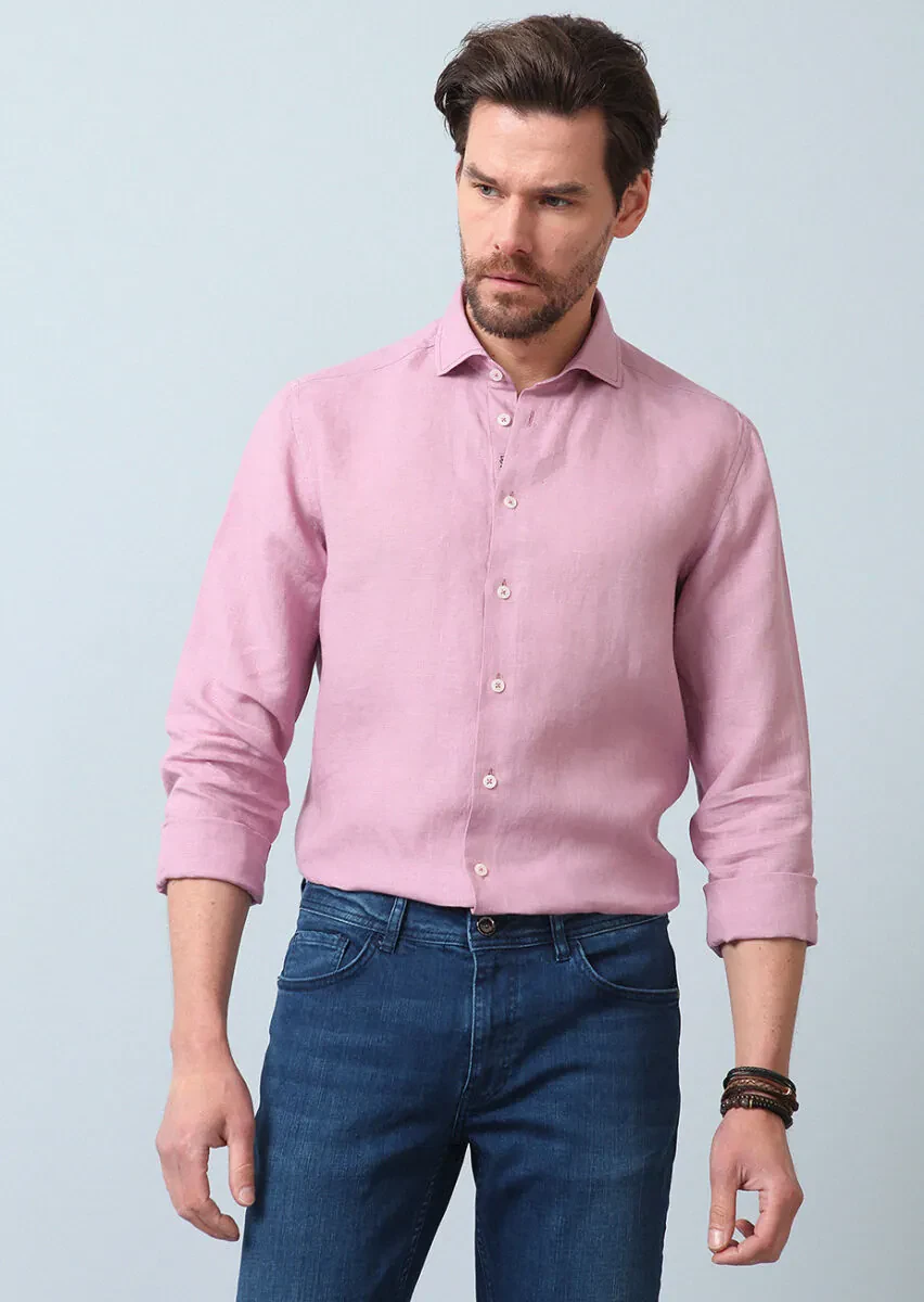 Pink Plain Regular Fit Weaving Casual 100% Linen Shirt - 3