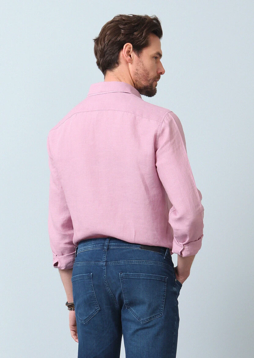 Pink Plain Regular Fit Weaving Casual 100% Linen Shirt - 6