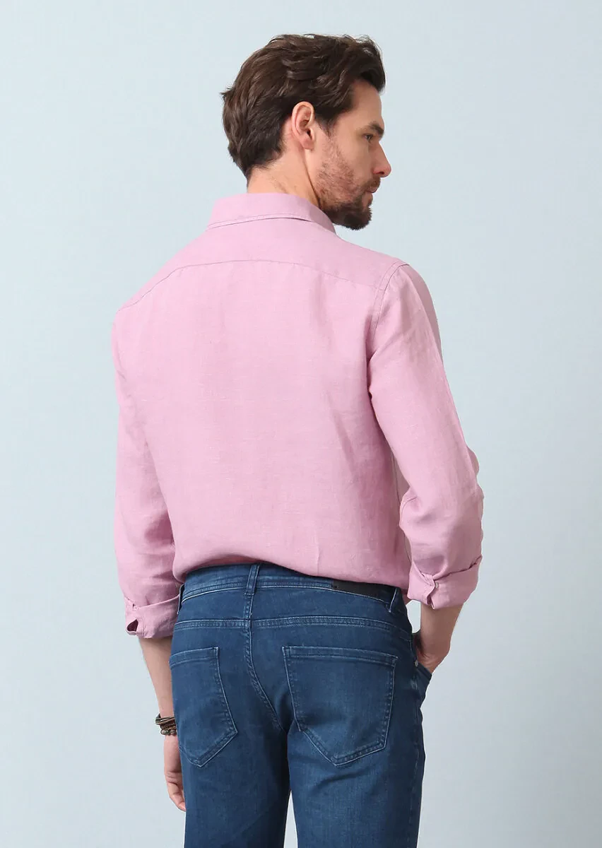 Pink Plain Regular Fit Weaving Casual 100% Linen Shirt - 6