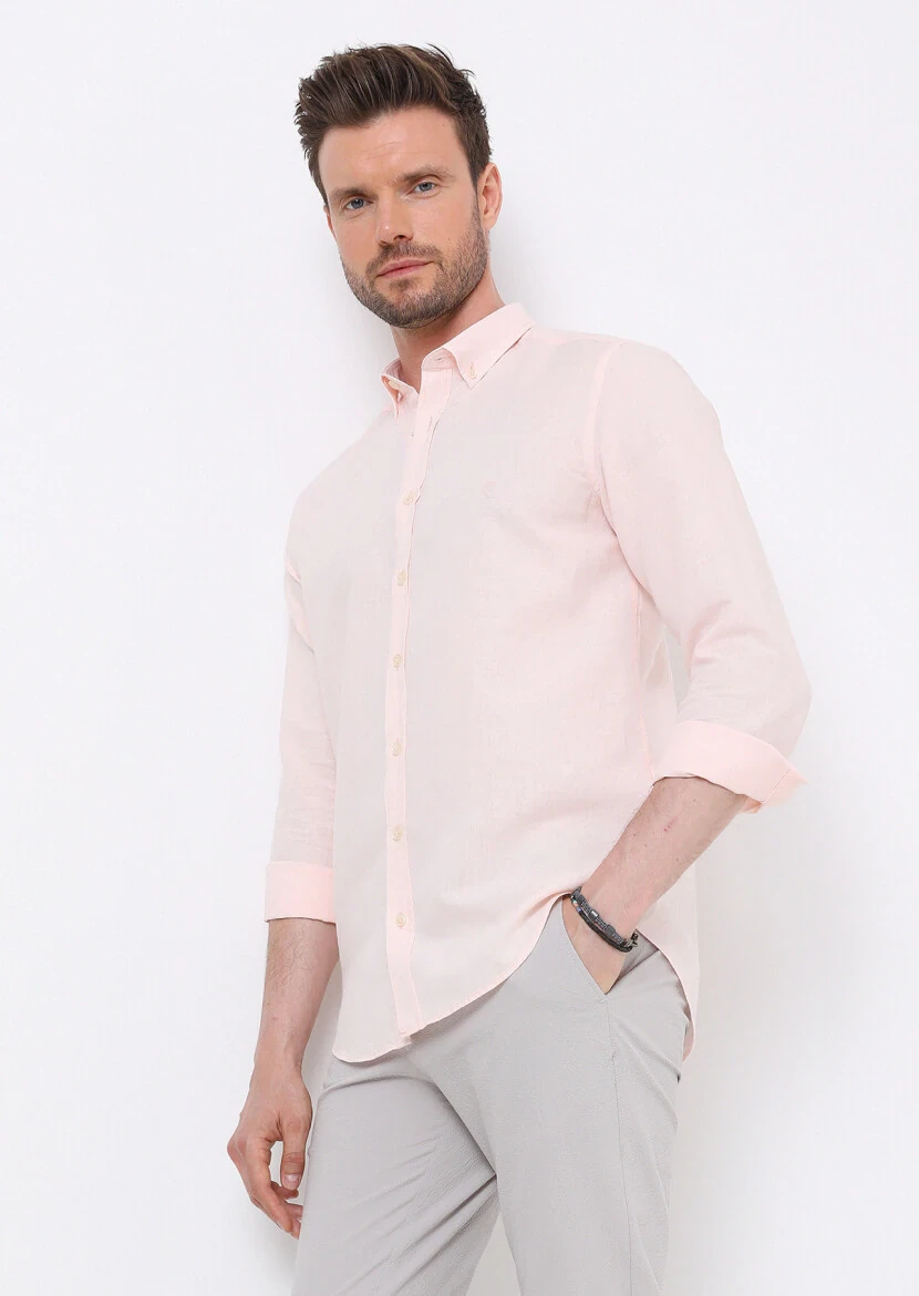 Pink Plain Regular Fit Weaving Casual Cotton Blended Shirt - 4