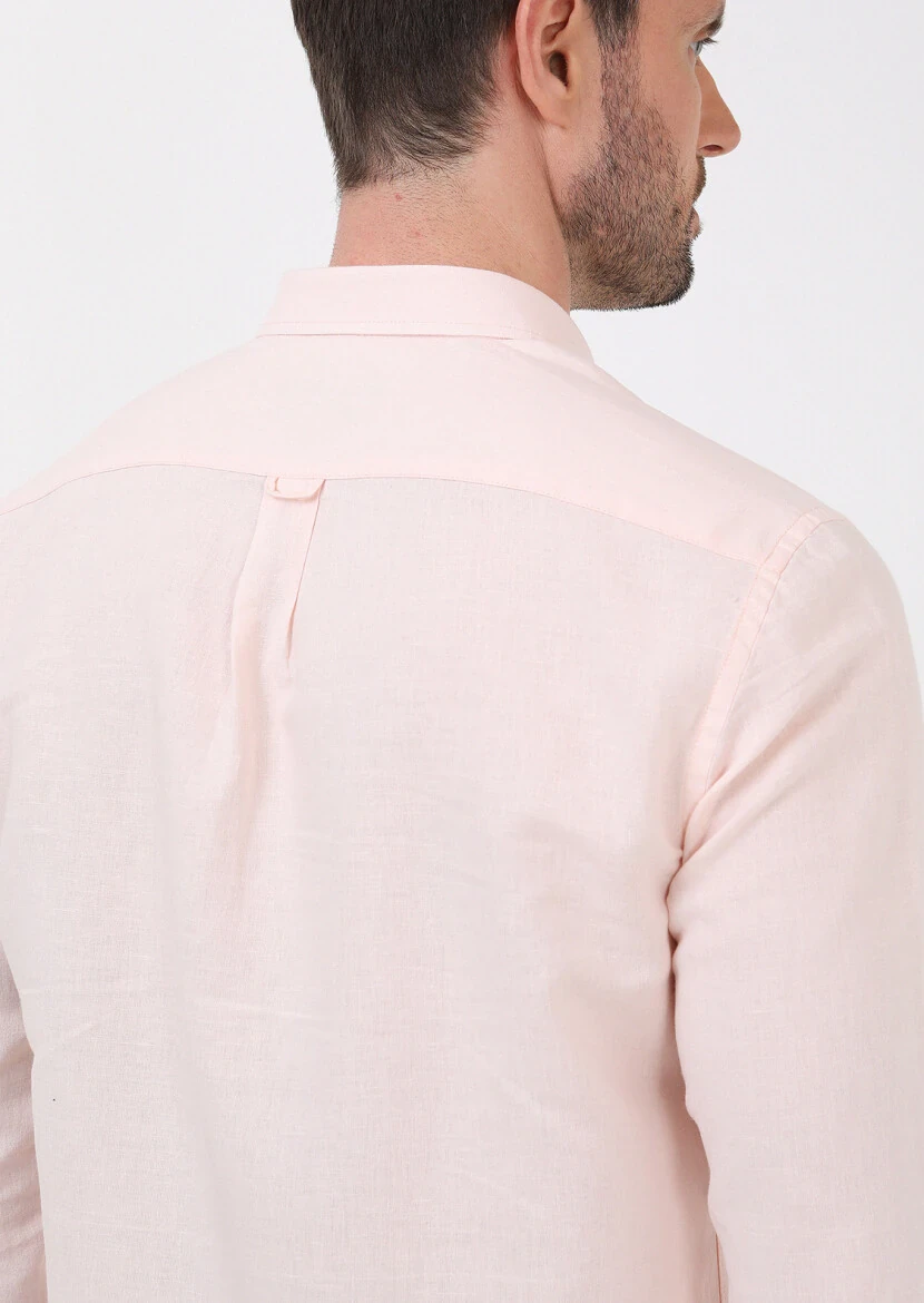 Pink Plain Regular Fit Weaving Casual Cotton Blended Shirt - 5