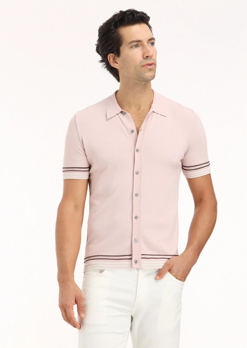 Pink Polo Neck Plain Knitting Cardigan 