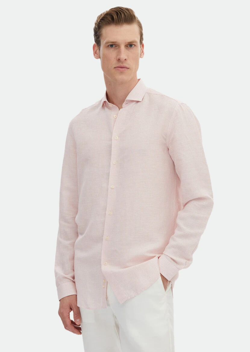 Pink Striped Regular Fit Weaving Casual Linen Blended Shirt - RAMSEY