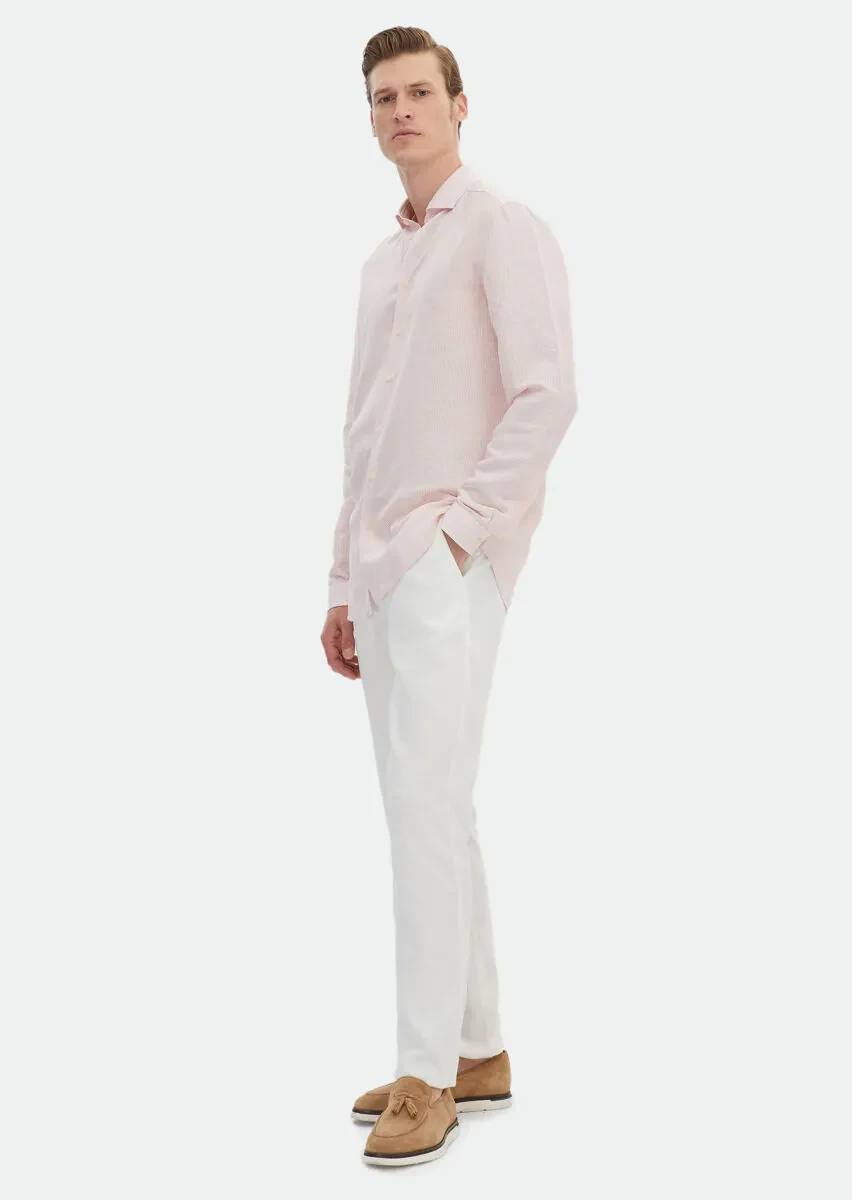 Pink Striped Regular Fit Weaving Casual Linen Blended Shirt - 2