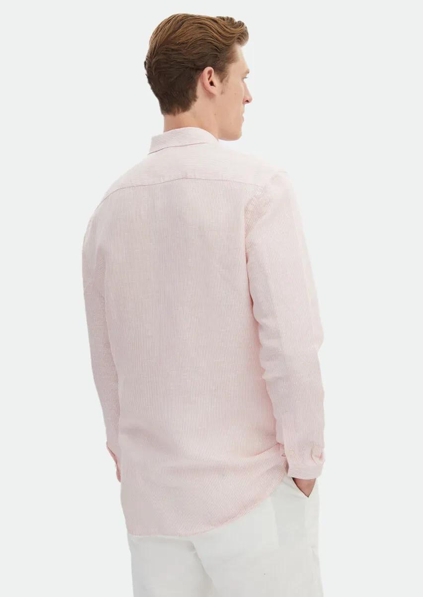 Pink Striped Regular Fit Weaving Casual Linen Blended Shirt - 5