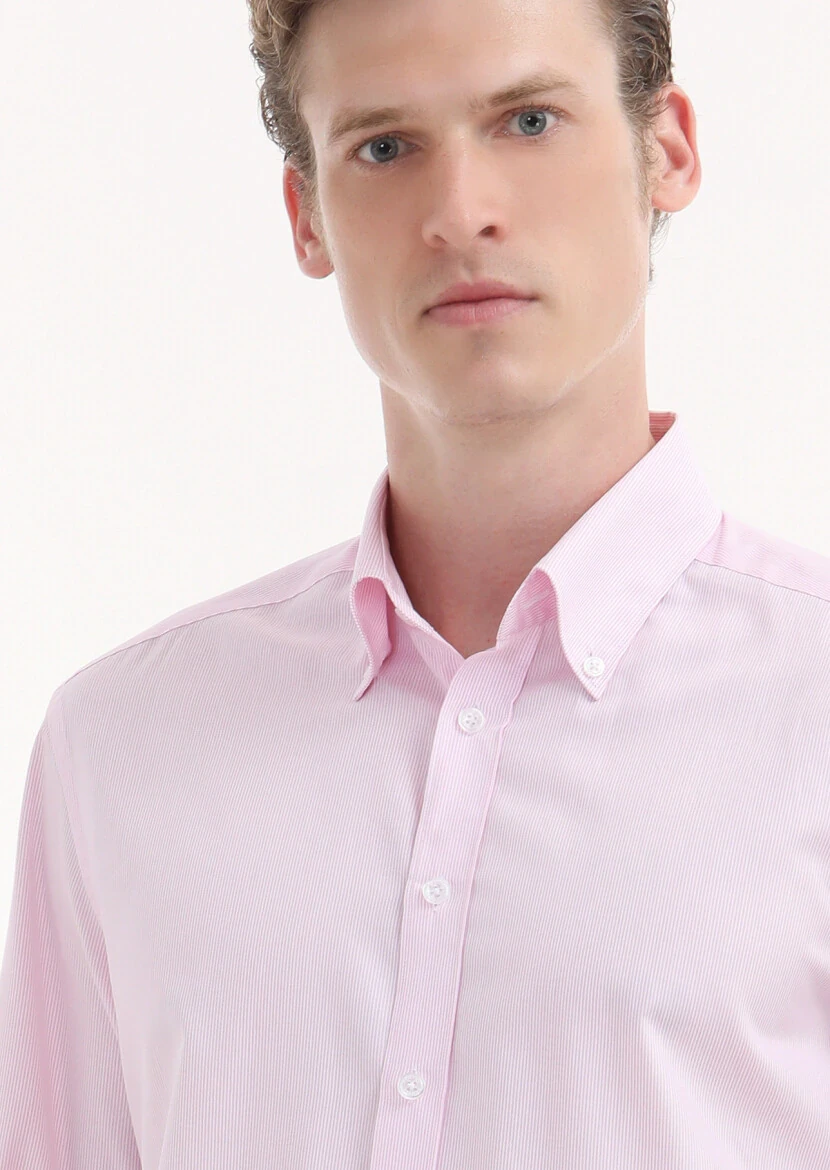 Pink Striped Regular Fit Weaving Classical 100% Cotton Shirt - 3
