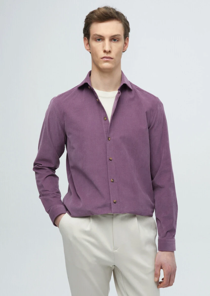 Purple Plain Casual Fit Weaving Casual 100% Cotton Shirt - 3