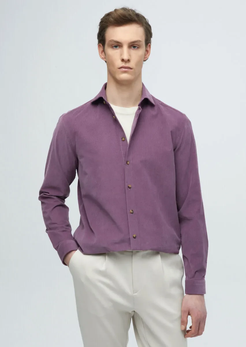 Purple Plain Casual Fit Weaving Casual 100% Cotton Shirt - 3