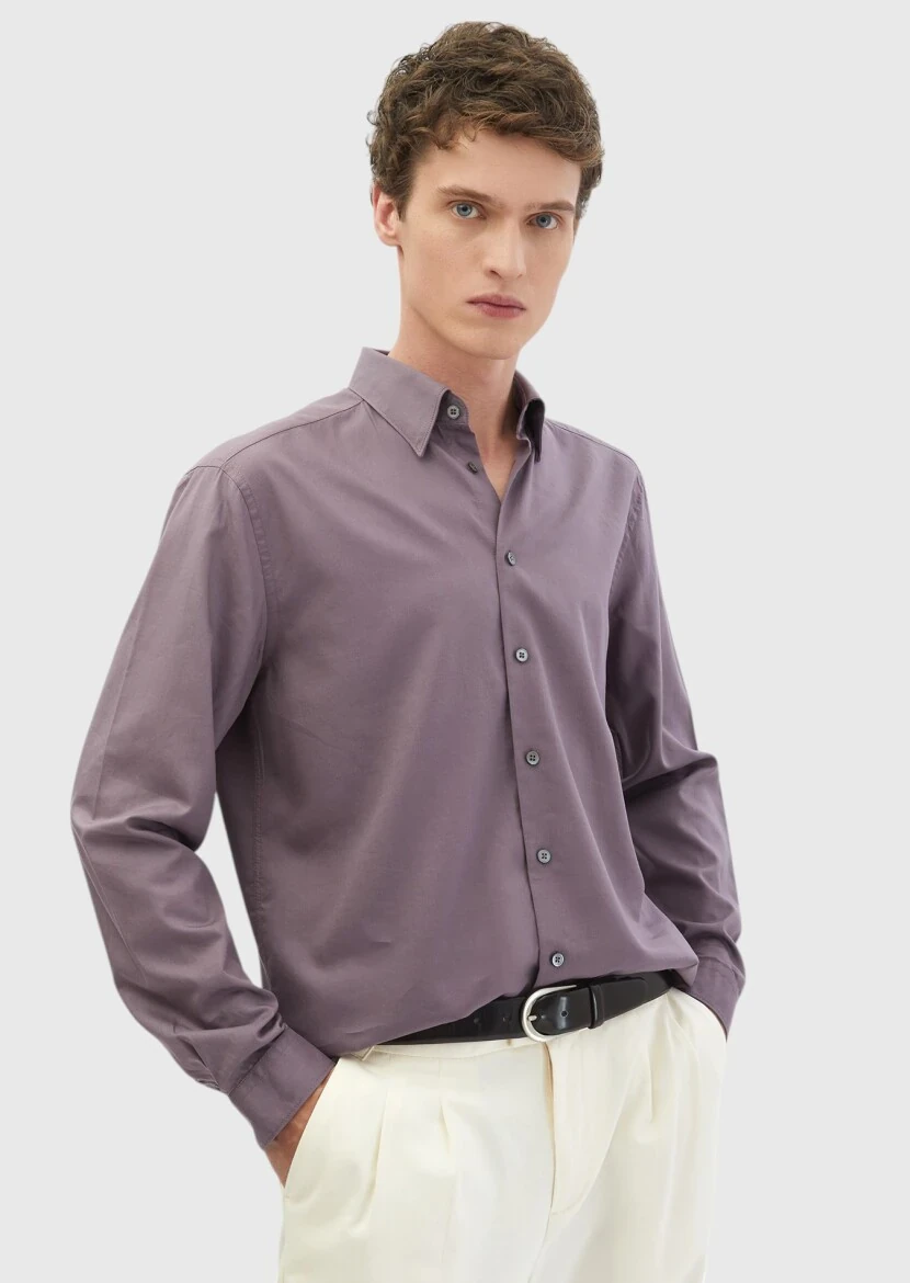 Purple Plain Casual Fit Weaving Casual Cotton Blended Shirt - RAMSEY