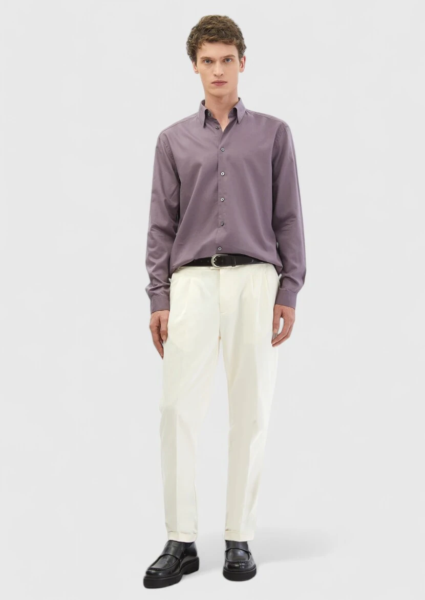 Purple Plain Casual Fit Weaving Casual Cotton Blended Shirt - RAMSEY