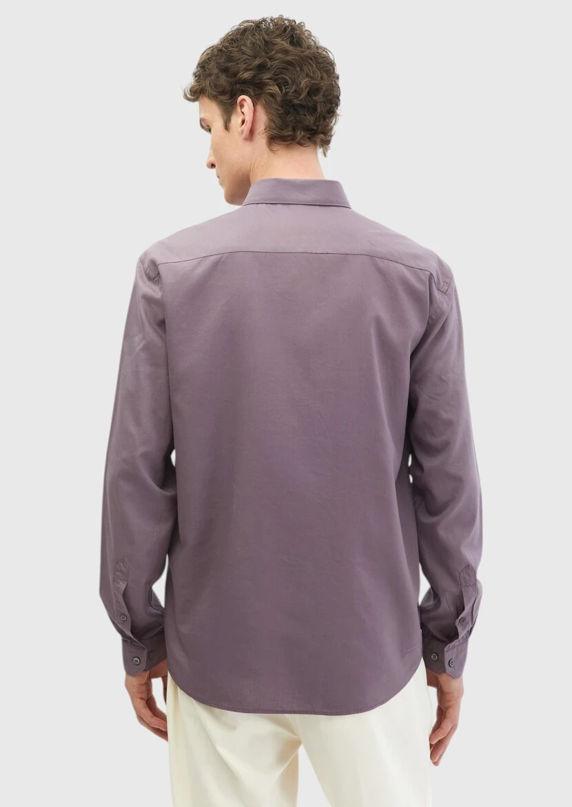 Purple Plain Casual Fit Weaving Casual Cotton Blended Shirt - 5