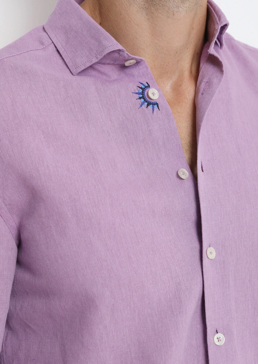 Purple Plain Regular Fit Weaving Casual Cotton Blended Shirt - 2