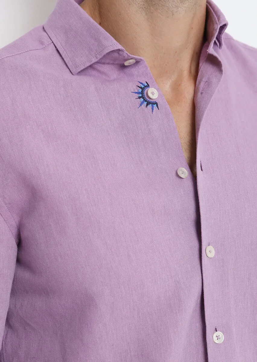 Purple Plain Regular Fit Weaving Casual Cotton Blended Shirt - 2