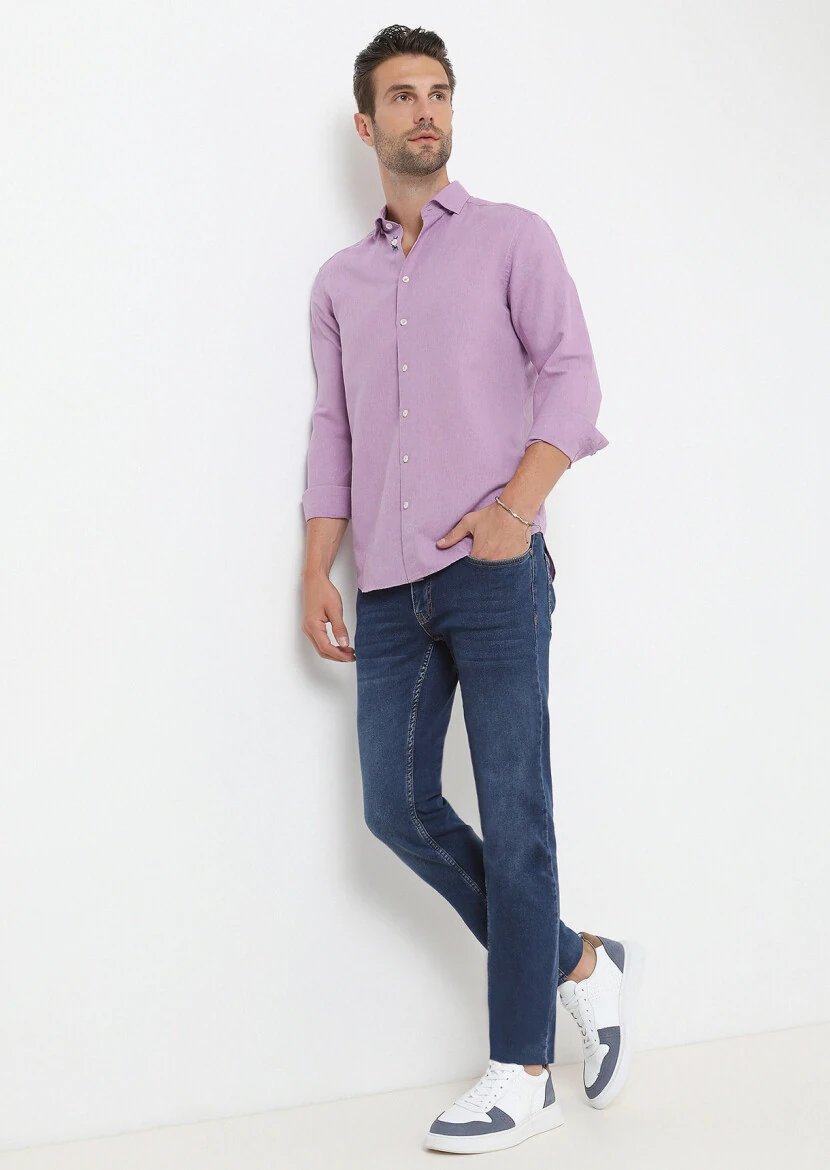 Purple Plain Regular Fit Weaving Casual Cotton Blended Shirt - 3