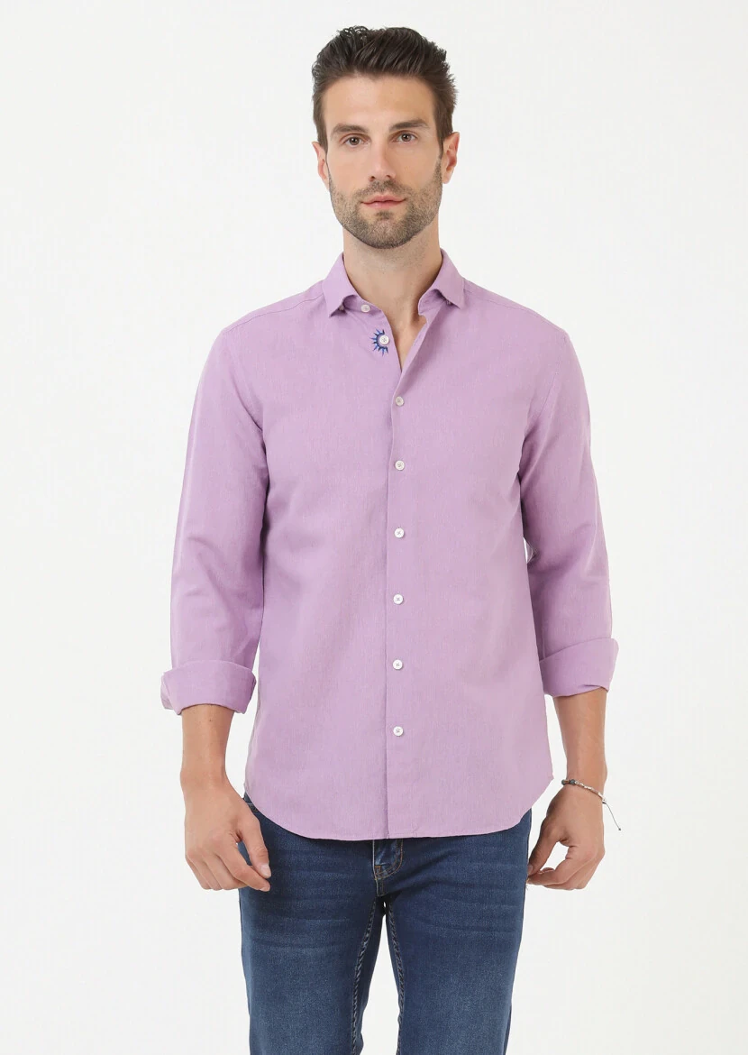 Purple Plain Regular Fit Weaving Casual Cotton Blended Shirt - 4