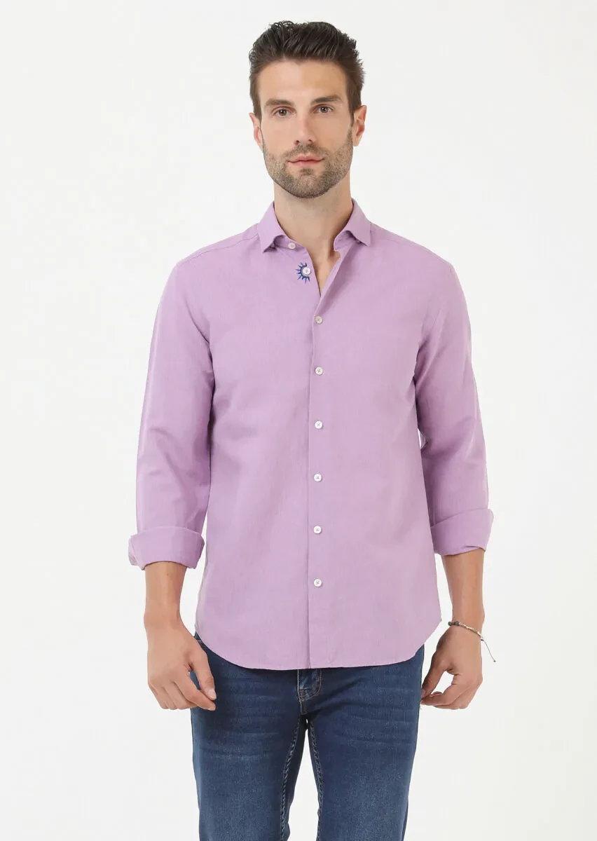 Purple Plain Regular Fit Weaving Casual Cotton Blended Shirt - 4
