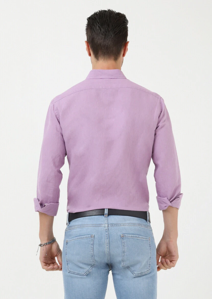 Purple Plain Regular Fit Weaving Casual Cotton Blended Shirt - 5