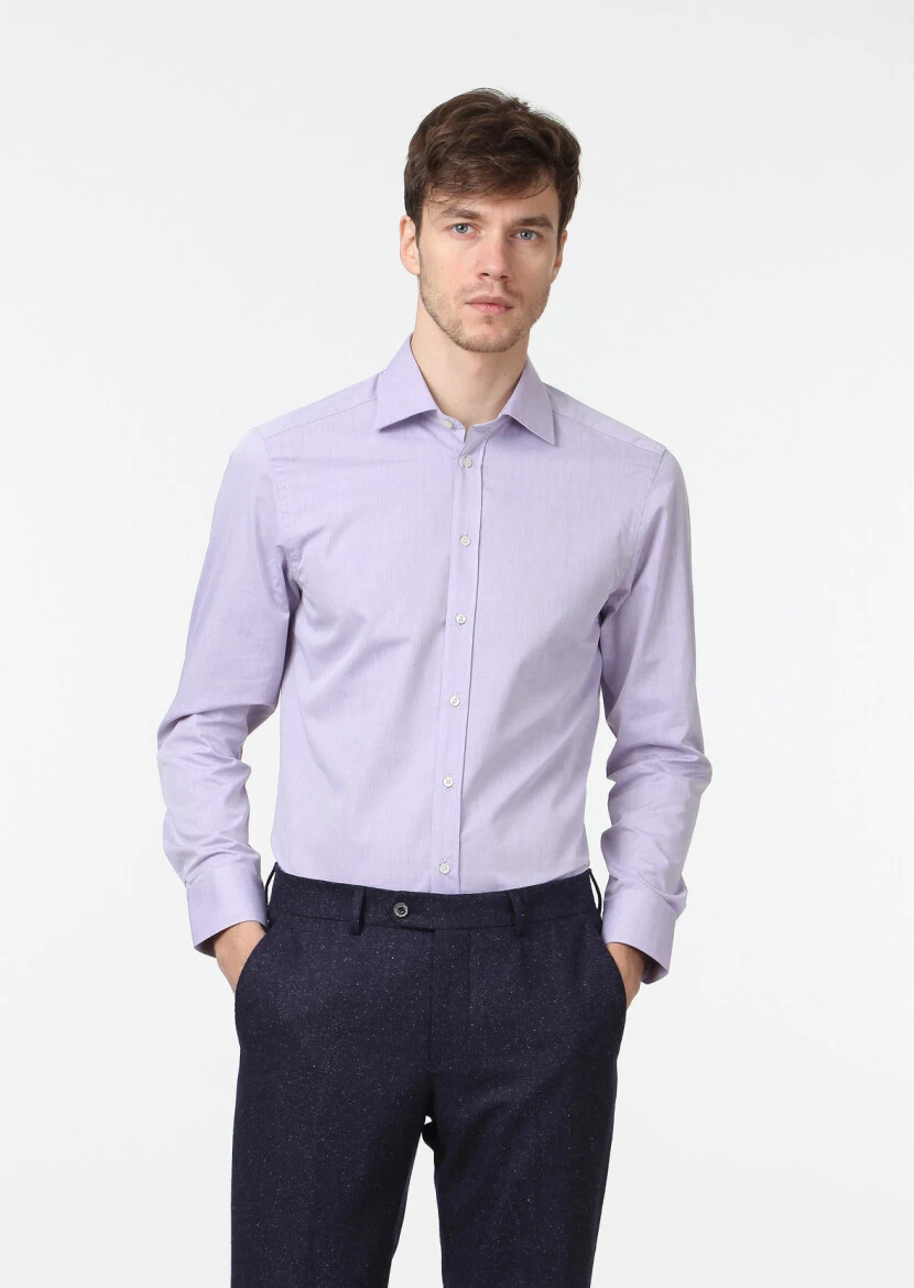 Purple Plain Regular Fit Weaving Classical Cotton Blended Shirt - 1