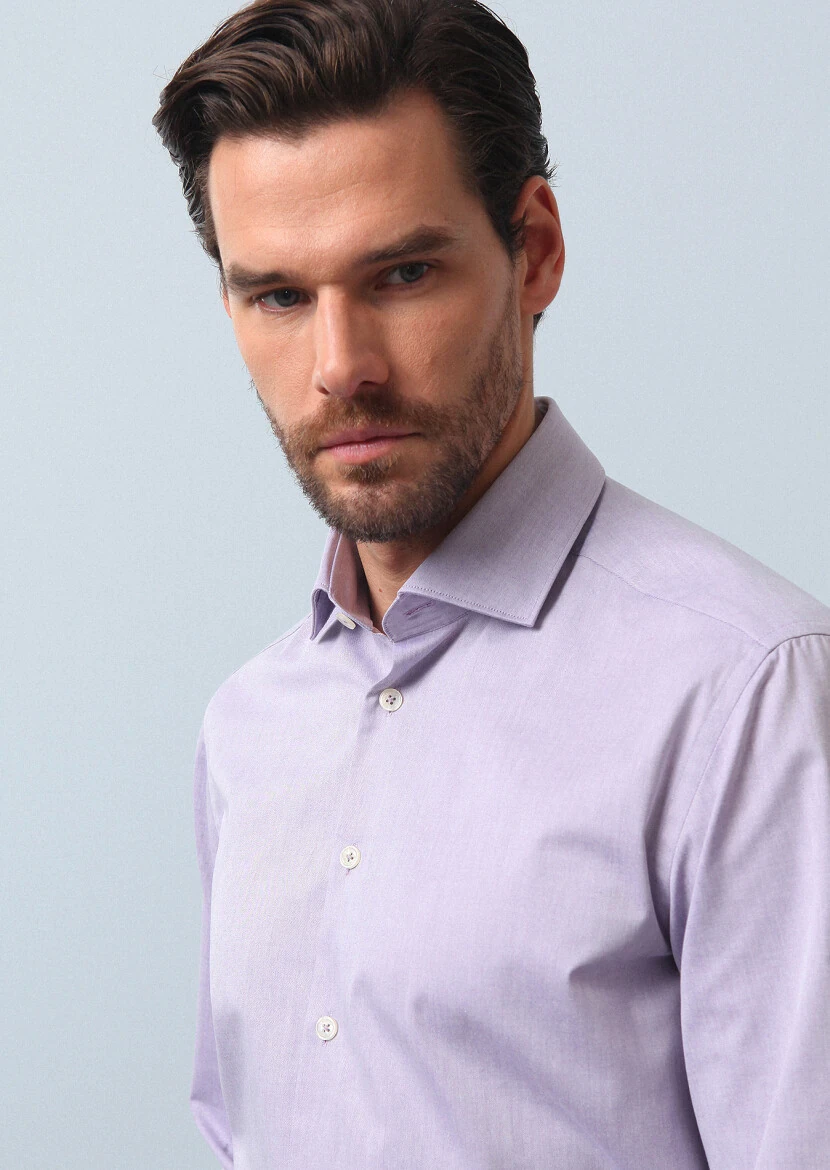 Purple Plain Regular Fit Weaving Classical Cotton Blended Shirt - 3