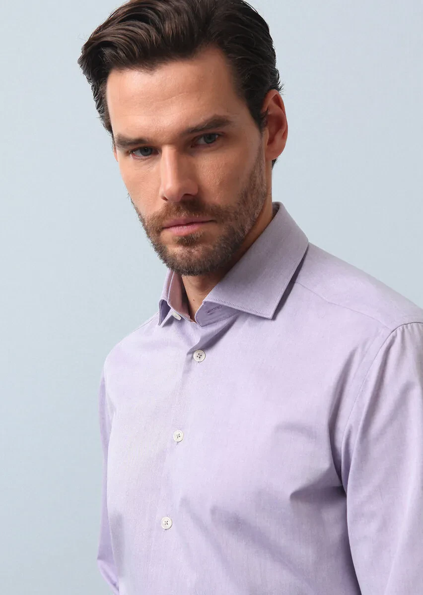 Purple Plain Regular Fit Weaving Classical Cotton Blended Shirt - 3
