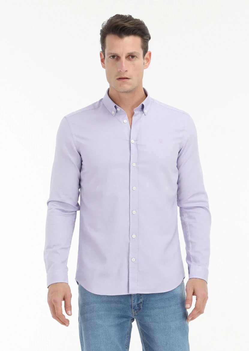 Purple Plain Slim Fit Weaving Casual 100% Cotton Shirt 