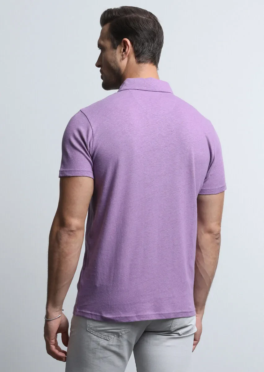 Purple Printed Polo Neck Cotton Blended T-Shirt - 5