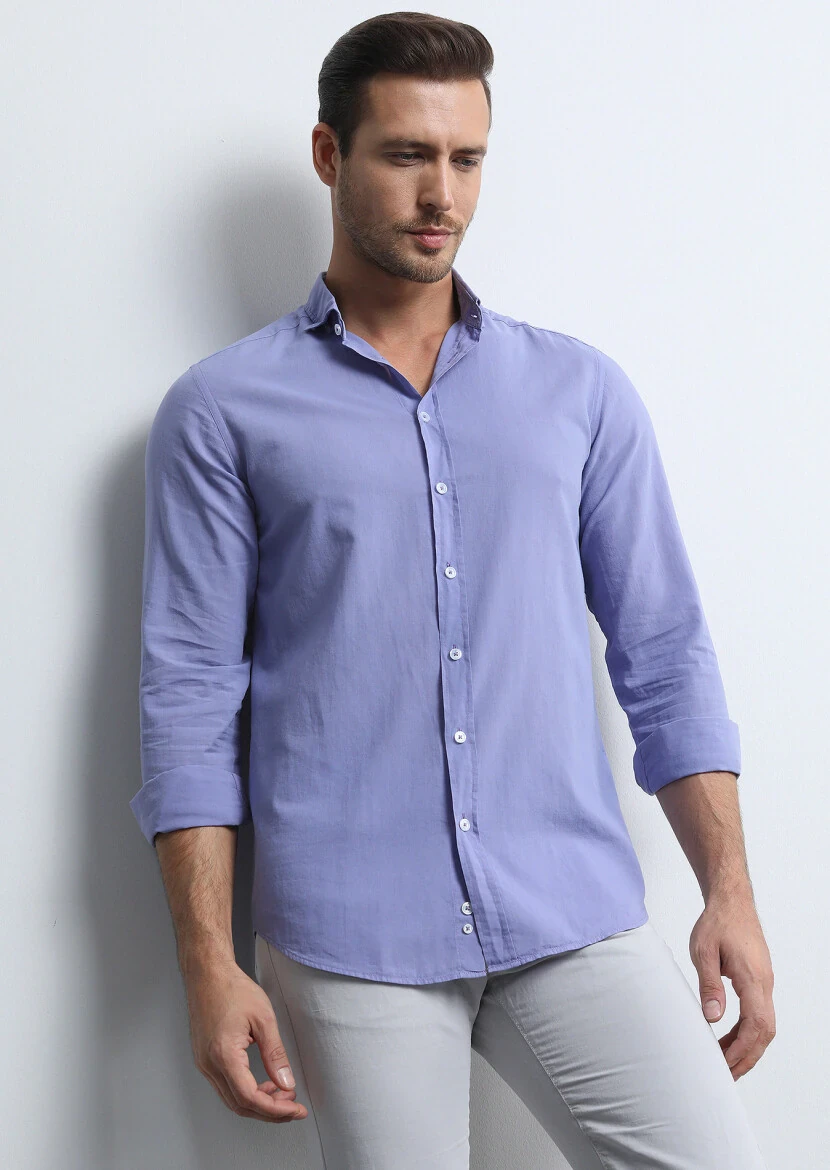 Purple Regular Fit Weaving Denim 100% Cotton Shirt - 1