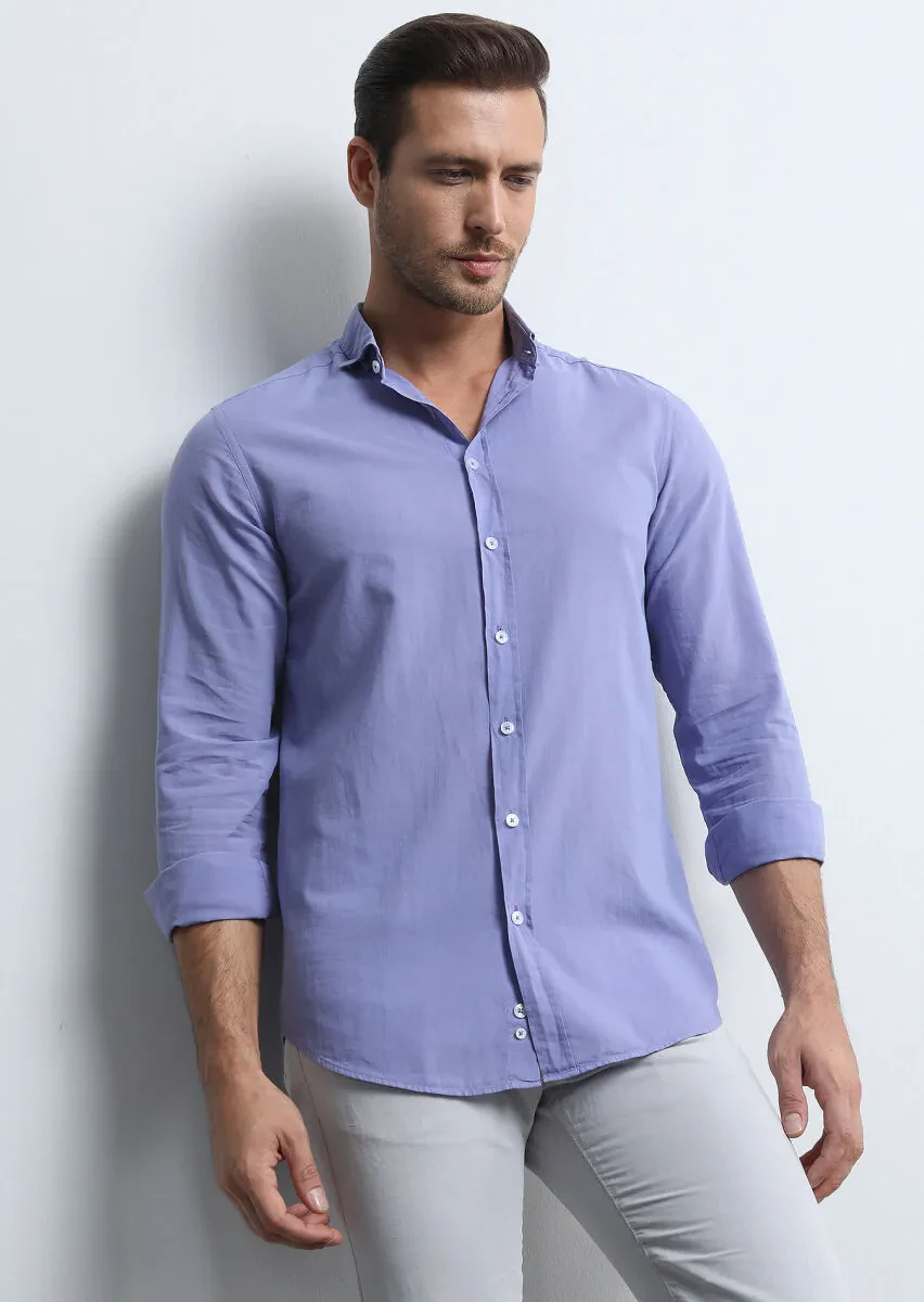Purple Regular Fit Weaving Denim 100% Cotton Shirt - 1