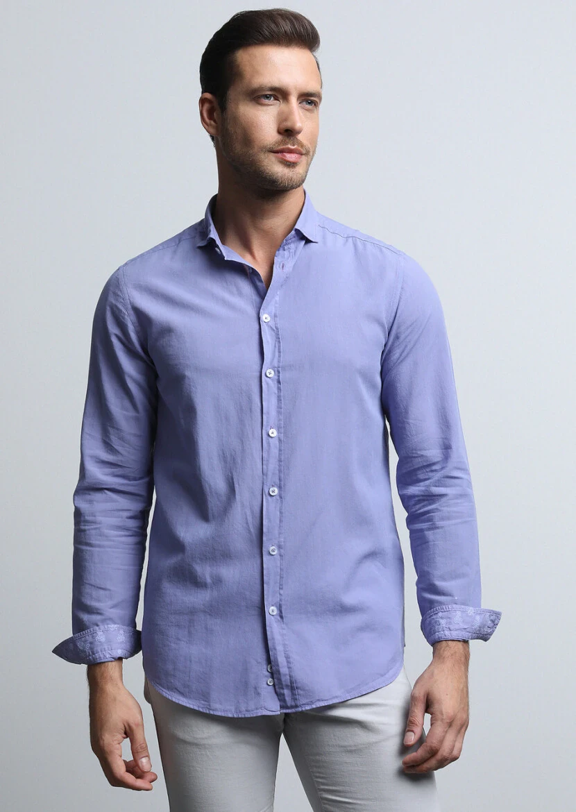 Purple Regular Fit Weaving Denim 100% Cotton Shirt - 2