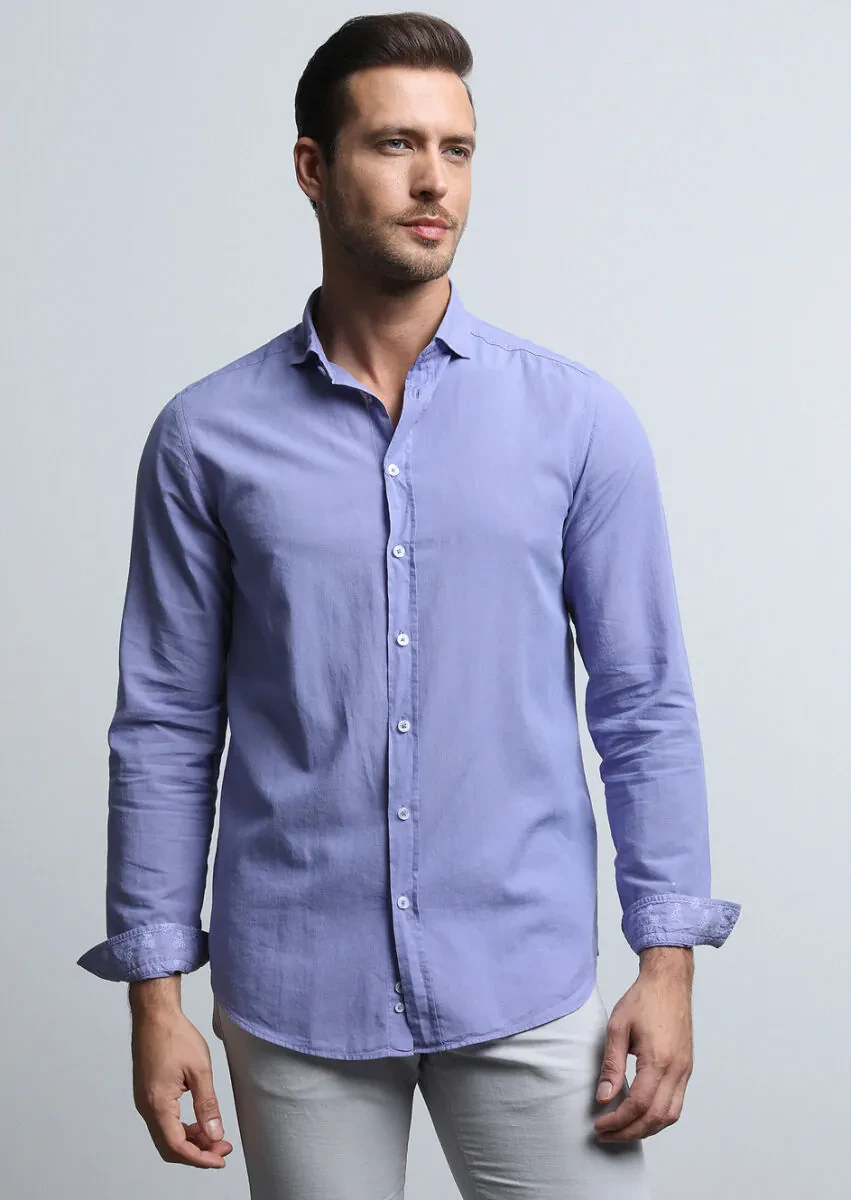 Purple Regular Fit Weaving Denim 100% Cotton Shirt - 2