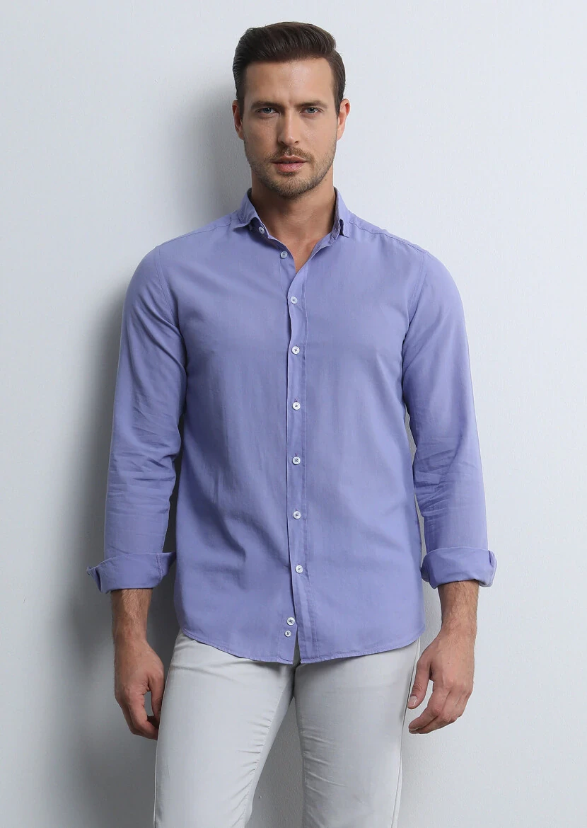 Purple Regular Fit Weaving Denim 100% Cotton Shirt - 3