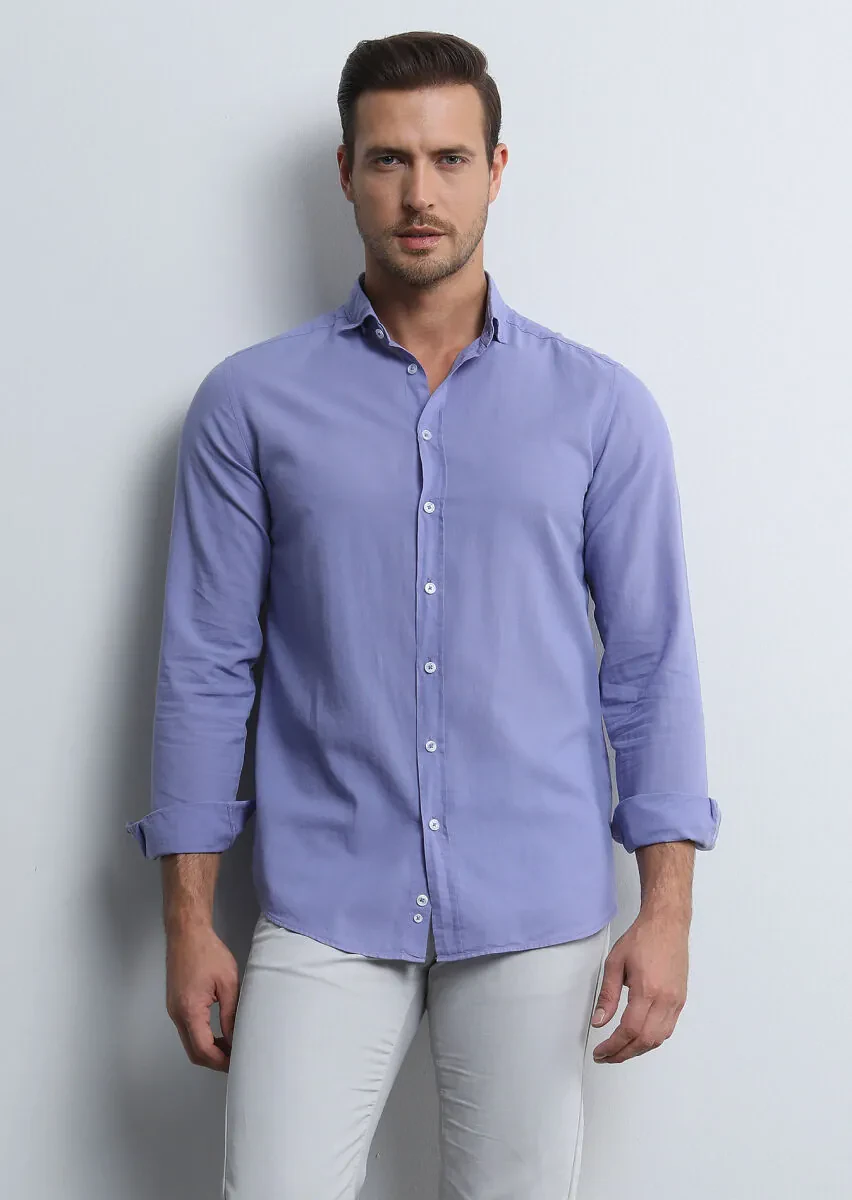 Purple Regular Fit Weaving Denim 100% Cotton Shirt - 3