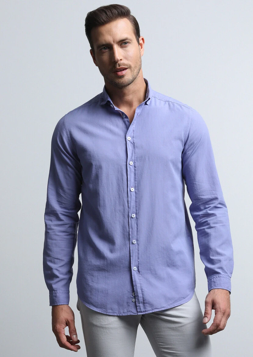 Purple Regular Fit Weaving Denim 100% Cotton Shirt - 4