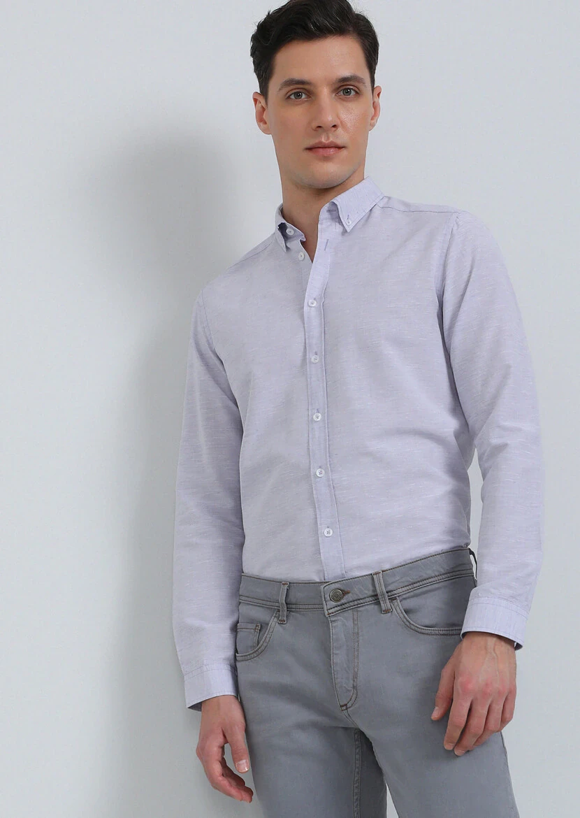 Purple Slim Fit Weaving Casual Cotton Blended Shirt - 1