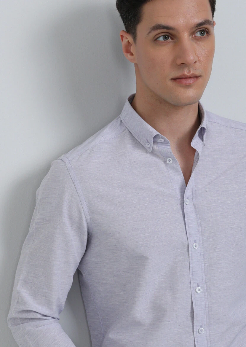 Purple Slim Fit Weaving Casual Cotton Blended Shirt - 2