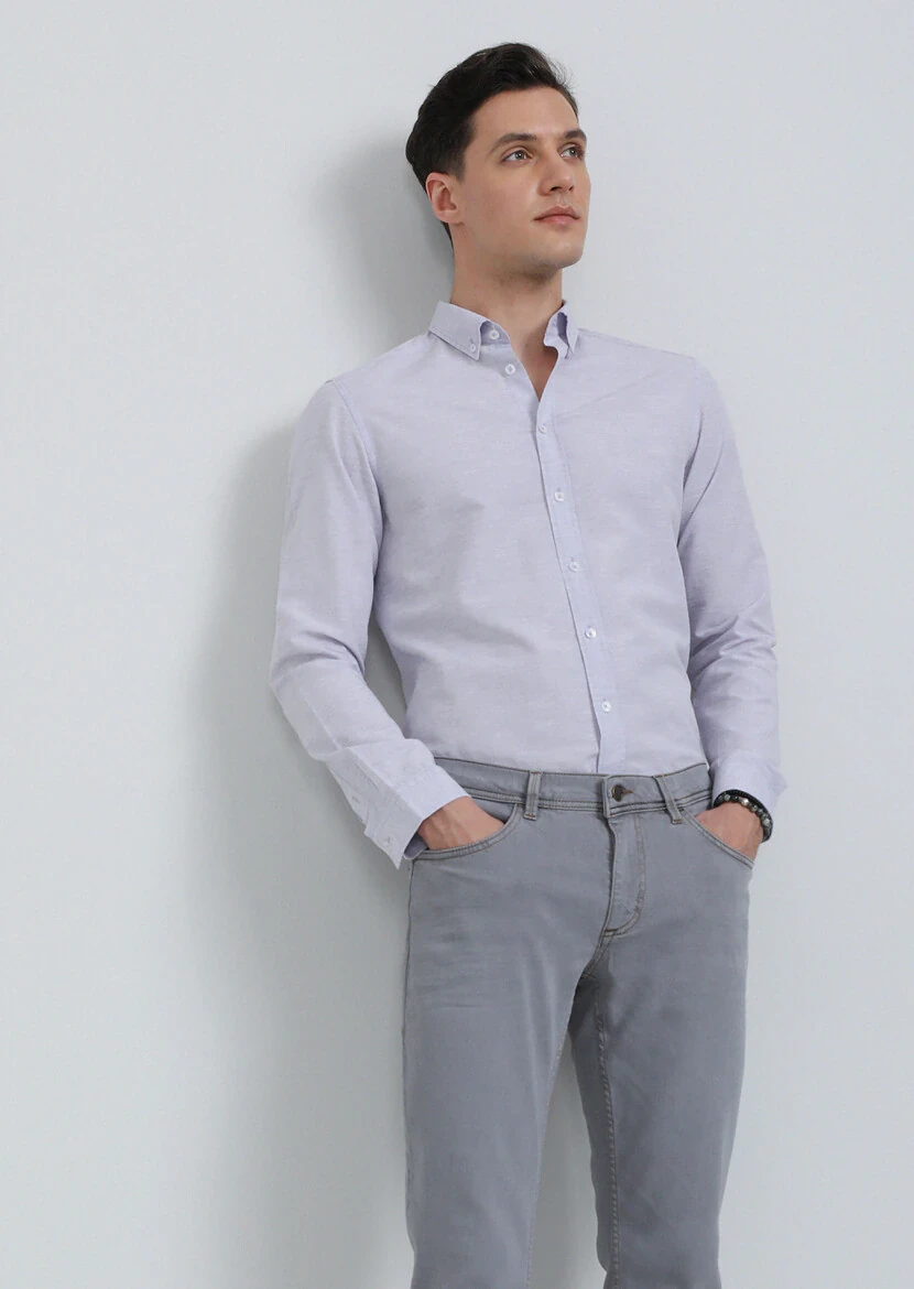 Purple Slim Fit Weaving Casual Cotton Blended Shirt - 3