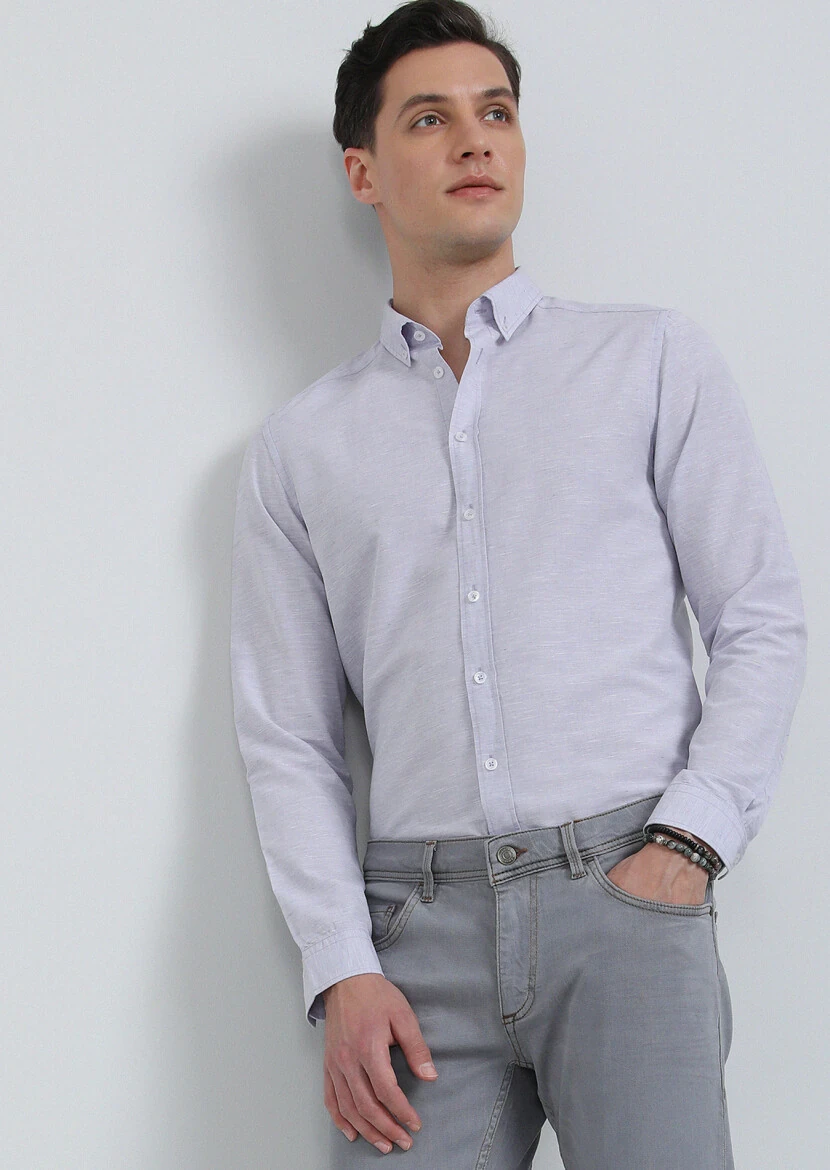 Purple Slim Fit Weaving Casual Cotton Blended Shirt - 4